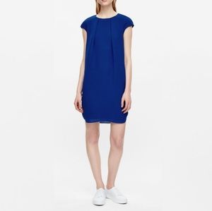 Cos Soft Pleat A Line Shift Dress Blue Cap Sleeve